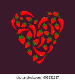 Heart from Strawberry and Pepper, Vector Illustration