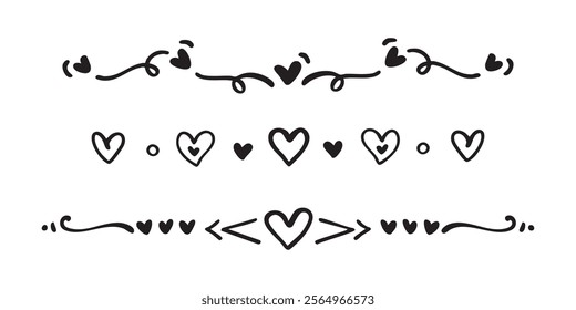 Heart String Doodle Elements. Heart Borders and Frames For Valentine's Day Element Design Isolated In White Background. Love Hearts Dividers.