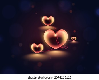 Heart String Lights Or Garland On Blue Bokeh Background.