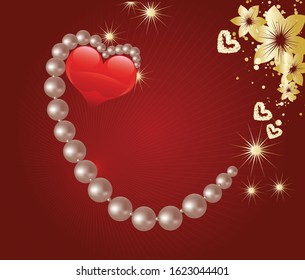 heart with a string of pearl beads and a gold floral ornament on a red-burgundy background. Template, element for greeting card, invitation, notification letter.
