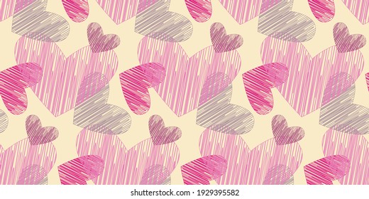 Heart striped shapes, vector seamless pattern, pink modern palette, light yellow background is easy to change.