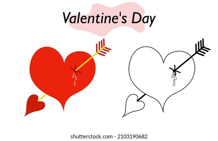 A heart struck by Cupid arrow. The heart of a man in love. In color and linear design. A symbol of love and a Valentine Day holiday. Vector illustration.