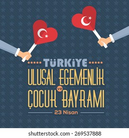 Heart Style Flag, Republic of Turkey Celebration Card and Greeting Message Poster, Background, Badges - English "National Sovereignty and Children's Day, April 23" 