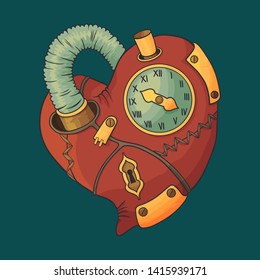 Heart in the style of steampunk. Isolated image on turquoise background. Vector cartoon illustration. Stylish print for clothes and accessories