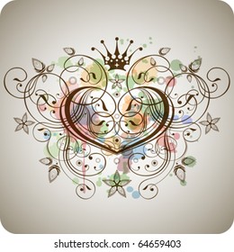 heart of a stylized calligraphic ornaments and flowers on a background of colored spray