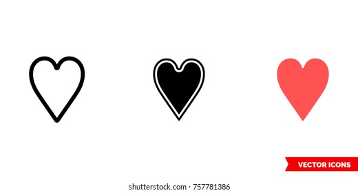 Heart suit icon of 3 types: color, black and white, outline. Isolated vector sign symbol.