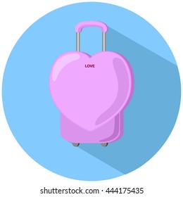 Heart suitcase vector illustration, modern baggage case, pink heart case round sticker, baggage case with heart shape, heart suitcase drawing, travel luggage, summer holiday bag, feminine suitcase