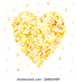 Heart - summer banner, card design, Colorful Yellow Orange butterfly on white background. Vector