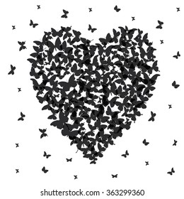 Heart - summer banner, card design, black butterfly on white background. Vector