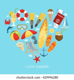 Heart summer composition with icon set composed in the heart and headline I love summer vector illustration