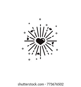 Heart with sun rays black silhouette. Love and romantic sign with sunbeams. Abstract simple vector illustration inmaterial design for Valentine's Day celebration, wedding parties, charity events. 