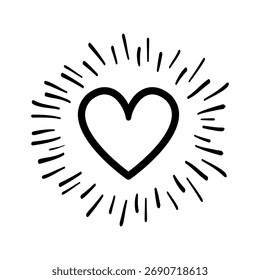 Coração com explosão solar. elemento de design de fundo doodle. isolado no fundo branco