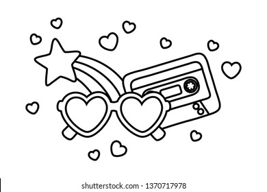 heart sunglasses cassette and shooting star black and white