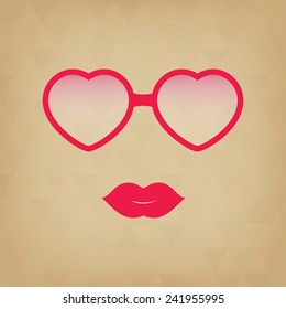 Heart Sunglasses And Lips.  Hipster girl. Vintage hipster background. Print for your T-shirts.