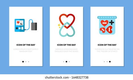 Heart support flat icon set. Cardiologic, beat, cardiogram isolated vector sign pack. Medicine and health concept. Vector illustration symbol elements for web design and apps