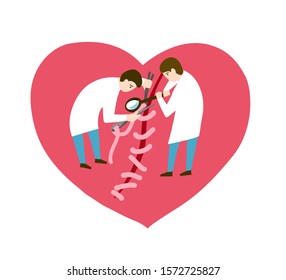 Heart Surgery Flat Vector Concept Illustration. Cardiology Metaphor. Doctors Tiny People Putting Stitches On Human Internal Organ. Heart Attack Treatment. Cardiologists Cartoon Characters