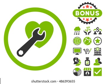 Heart Surgery icon with bonus design elements. Vector illustration style is flat iconic bicolor symbols, eco green and gray colors, white background.