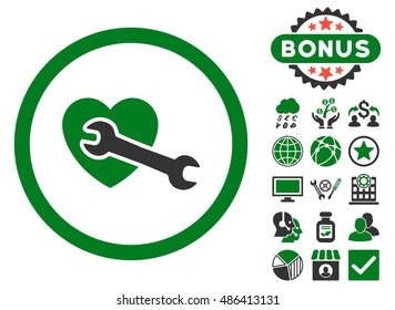 Heart Surgery icon with bonus design elements. Vector illustration style is flat iconic bicolor symbols, green and gray colors, white background.