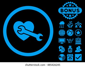 Heart Surgery icon with bonus elements. Vector illustration style is flat iconic symbols, blue color, black background.