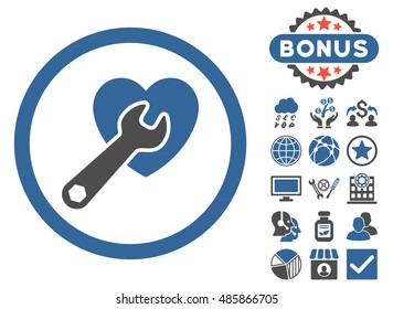 Heart Surgery icon with bonus pictogram. Vector illustration style is flat iconic bicolor symbols, cobalt and gray colors, white background.