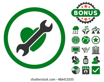 Heart Surgery icon with bonus pictogram. Vector illustration style is flat iconic bicolor symbols, green and gray colors, white background.