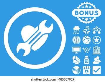 Heart Surgery icon with bonus pictures. Vector illustration style is flat iconic symbols, white color, blue background.