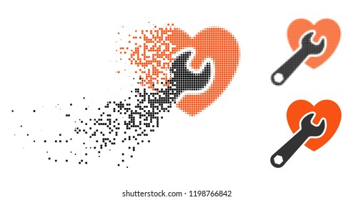 Heart surgery icon in disappearing, pixelated halftone and undamaged entire variants. Elements are grouped into vector disappearing heart surgery figure. Disappearing effect uses rectangle pixels.