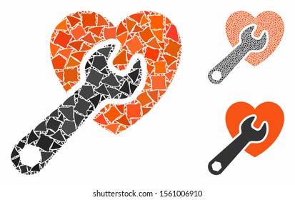 Heart surgery mosaic of tuberous items in different sizes and color tones, based on heart surgery icon. Vector ragged items are combined into collage. Heart surgery icons collage with dotted pattern.