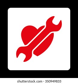 Heart Surgery vector icon. Style is flat rounded square button, red and white colors, black background.