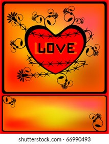 Heart surrounded with a barbed wire and the vintage flower pattern. A vector.