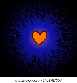 Un corazón rodeado de una oscuridad tan espinosa como ramitas. El motivador de fondo o de portada de Ilustración vectorial no se rinde. Corazón brillante naranja sobre fondo azul