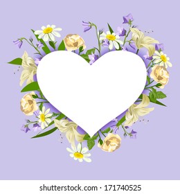 heart surrounded by different flowers. vector illustration