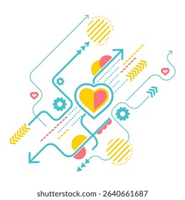 Heart surrounded by geometric dynamic elements. Concept and emblem love. Vector composition on white background.
