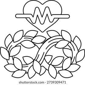A heart is surrounded by leaves and a line that looks like a heartbeat. Concept of life and vitality