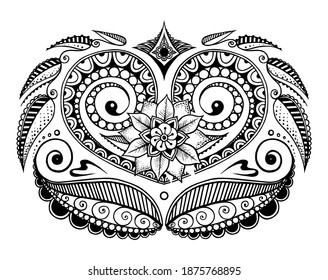 A heart surrounded by mahendi leaves in black and white. Vector illustration