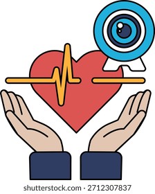Un corazón está rodeado por dos manos y se coloca una cámara encima del corazón. Concepto de cuidado y protección, como si la cámara estuviera capturando un momento precioso o un ser querido