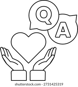 Um coração é cercado por duas mãos segurando-o, e as letras Q e A estão acima do coração. Conceito de amor e cuidado, como as mãos estão alcançando para proteger o coração
