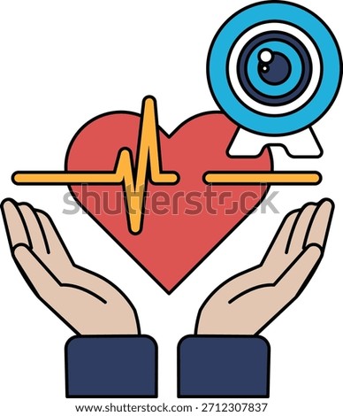 A heart is surrounded by two hands, and a camera is placed above the heart. Concept of care and protection, as if the camera is capturing a precious moment or a loved one