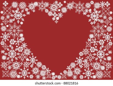 Heart surrounded with snowflakes on a red background
