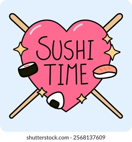 Heart sushi time with two chopsticks, nigiri sashimi roll and glitter sushi lover