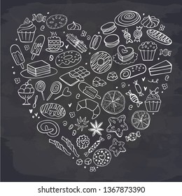 Heart of sweet food on chalkboard. Doodle. Vector illustration. Cakes, biscuits, baking, cookie, pastries, donut, ice cream, macaroons. Perfect for dessert menu or food package design.