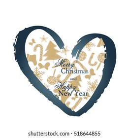 Heart of sweets, Christmas tree, stocking and snowflake for postcard greetings. Merry Christmas and Happy New Year vector illustration.