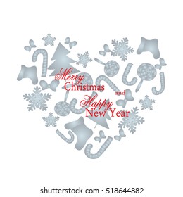 Heart of sweets, Christmas tree, stocking and snowflake for postcard greetings. Merry Christmas and Happy New Year vector illustration.
