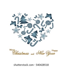 Heart of sweets, Christmas tree, stocking and snowflake for postcard greetings. Merry Christmas and Happy New Year. Vector illustration.
