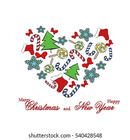 Heart of sweets, Christmas tree, stocking and snowflake for postcard greetings. Merry Christmas and Happy New Year. Vector illustration