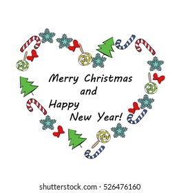 heart of sweets, tree, stocking and snowflake for postcard greetings. Merry Christmas and Happy New Year vector illustration.