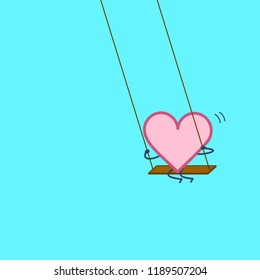 Heart swings on swing. Vector concept illustration of happy relaxed creative heart and love | flat design linear infographic icon on blue background