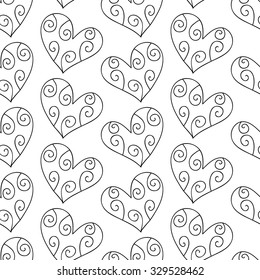 Heart and swirl vector seamless pattern. Black and white hearts.