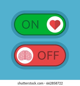 Heart switched on and brain off on blue background. Love, emotion, intelligence and logic concept. Flat design. Vector illustration. EPS 8, no transparency