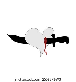 Heart and sword. Gray heart pierced by a black knife and red blood flows out isolated on white background, Vector Illustration cartoon hand drawn, Mental, emotional and psychological states concept